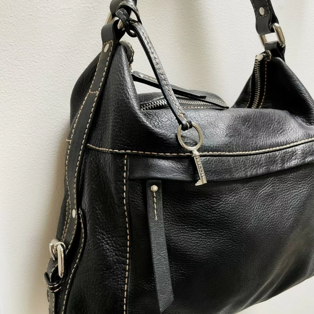 Fossil Black Pebbled Leather Hobo Satchel Tote Bag with Silver Key Charm - Picture 3 of 11